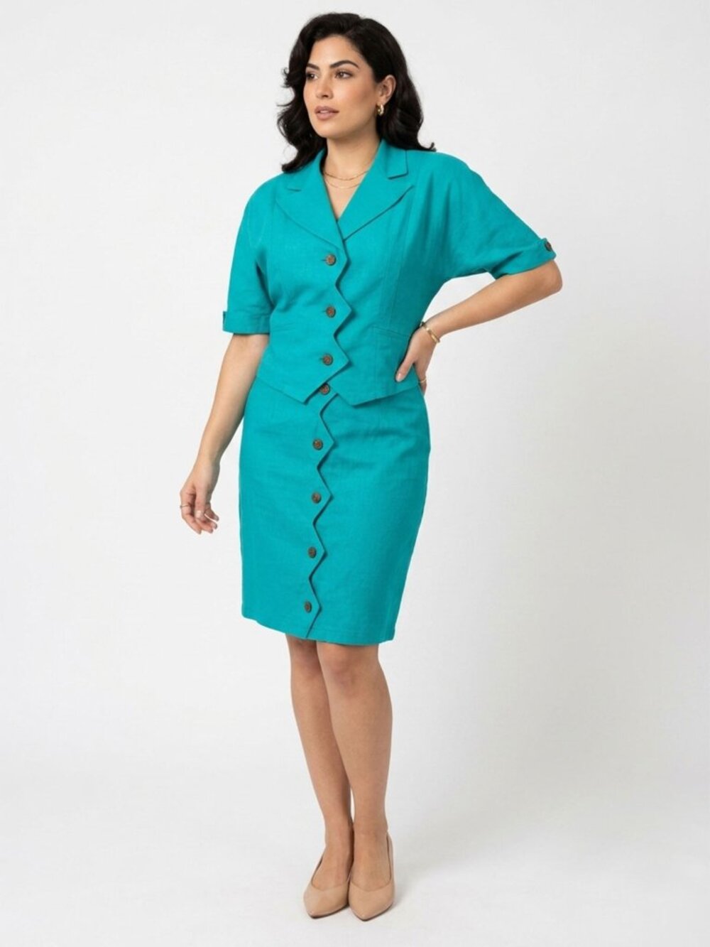 Vintage Nok Nok 90s Skirt Suit Set ZigZag Asymmetrical Teal Blue Co-ord Set
